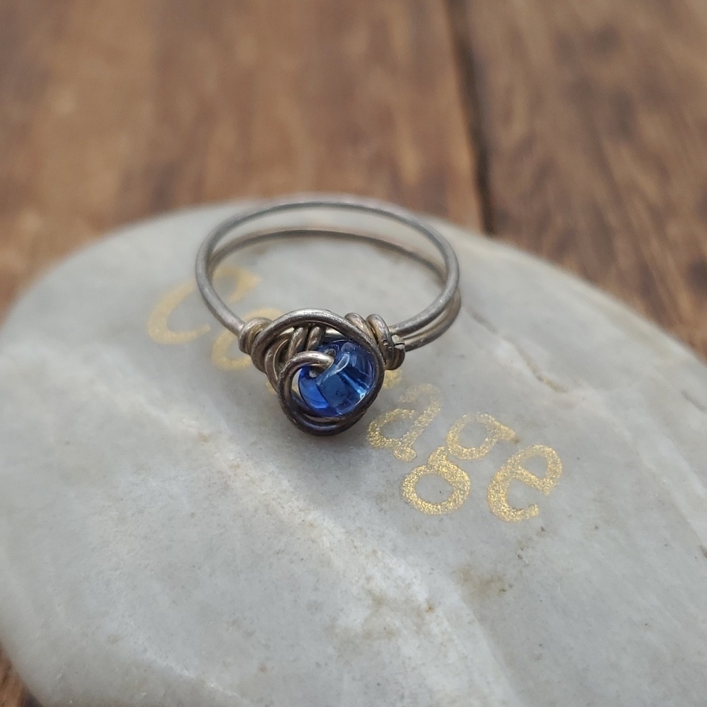 Childs pinky ring equivalent to size 2.5 sterling wire wrap cerulean stone R633